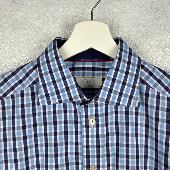 Eton Dress Shirt Mens EU 40 US 15 3/4 Contemporary Fit Blue Plaid Contrast Trim - Picture 3 of 15